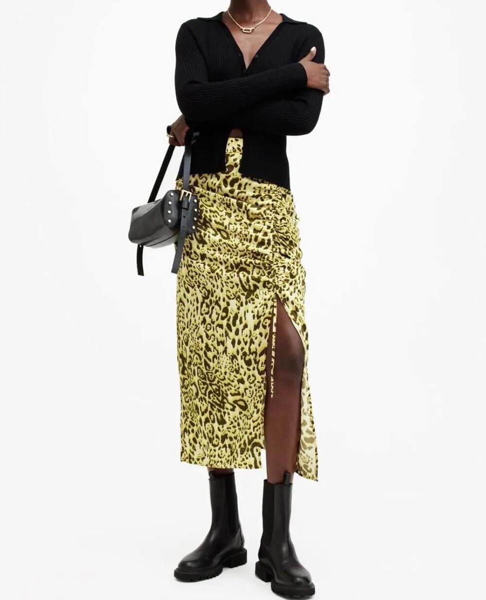 AllSaints Carla Teresa Lime Green Gathered Midi Skirt
